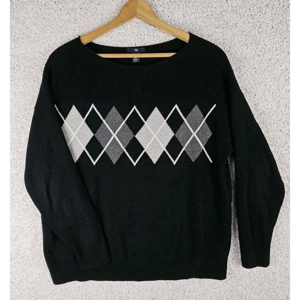 Gap Boat Neck Argyle Diamond Ribbed Sweater Women's XL‎ Black Gray Knit